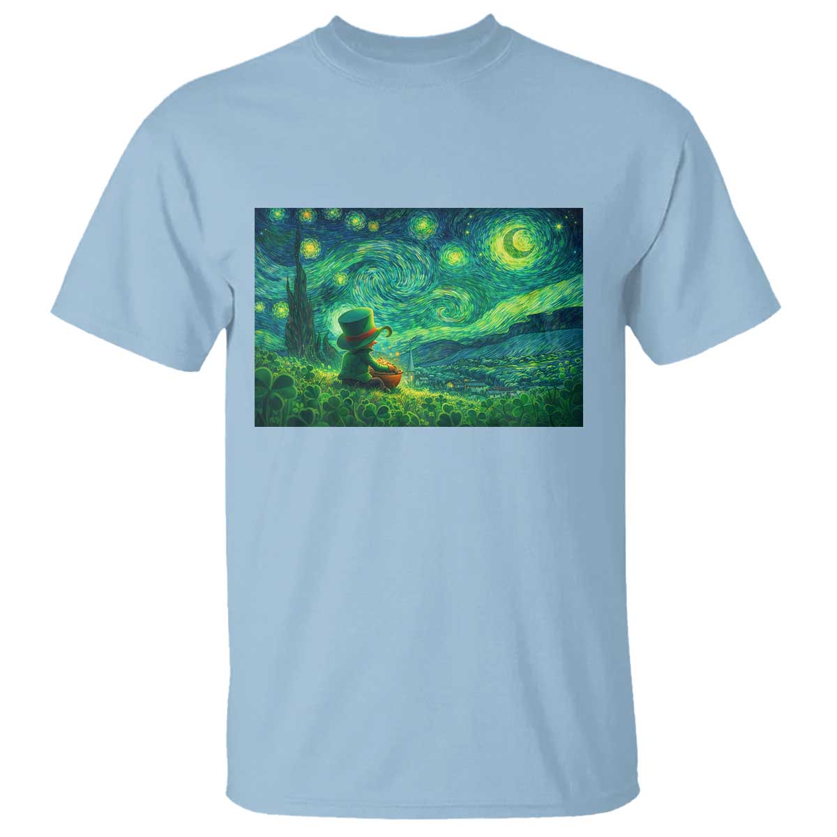 St Patricks Day Starry Night Leprechaun Shamrock T Shirt TS14 Light Blue Print Your Wear