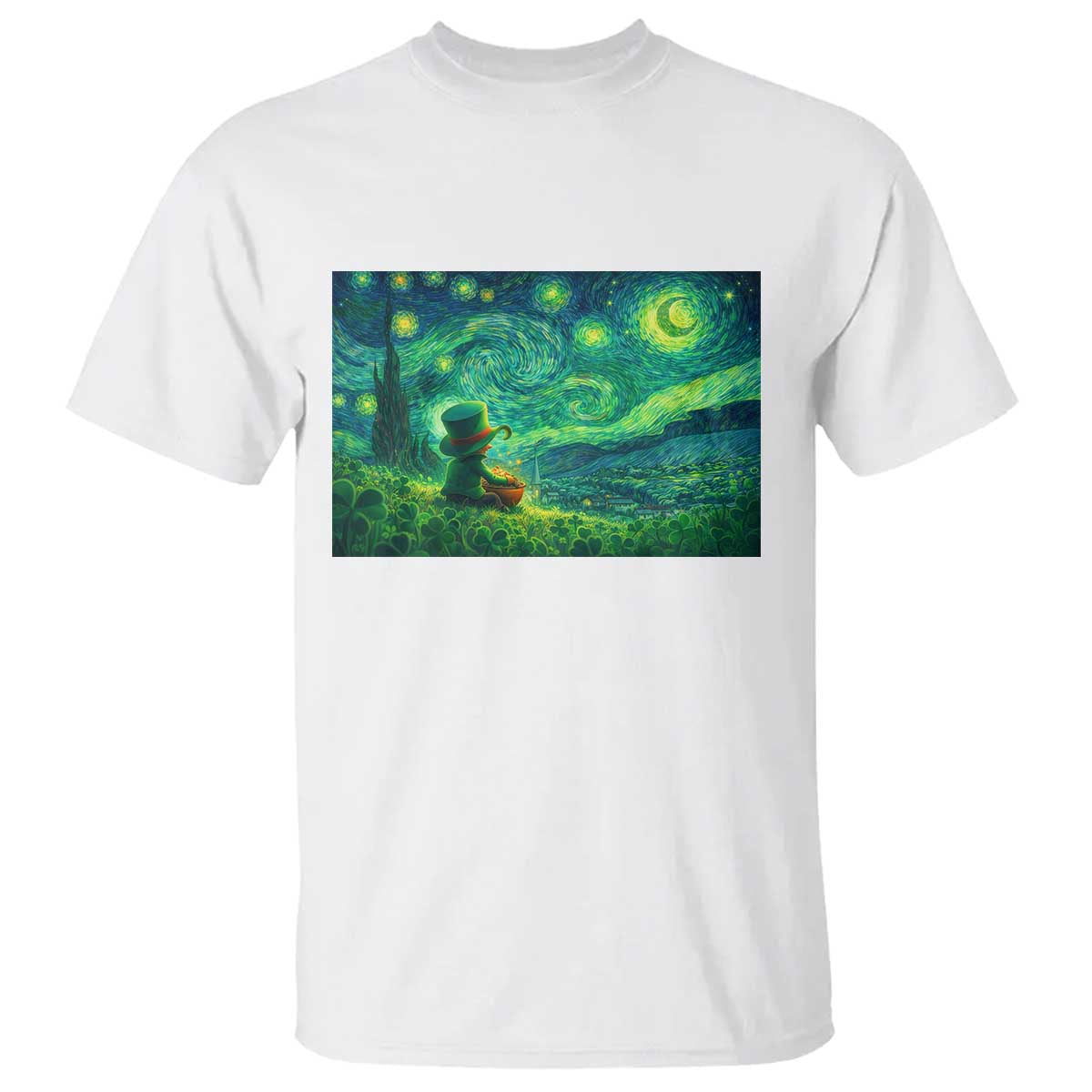 St Patricks Day Starry Night Leprechaun Shamrock T Shirt TS14 White Print Your Wear