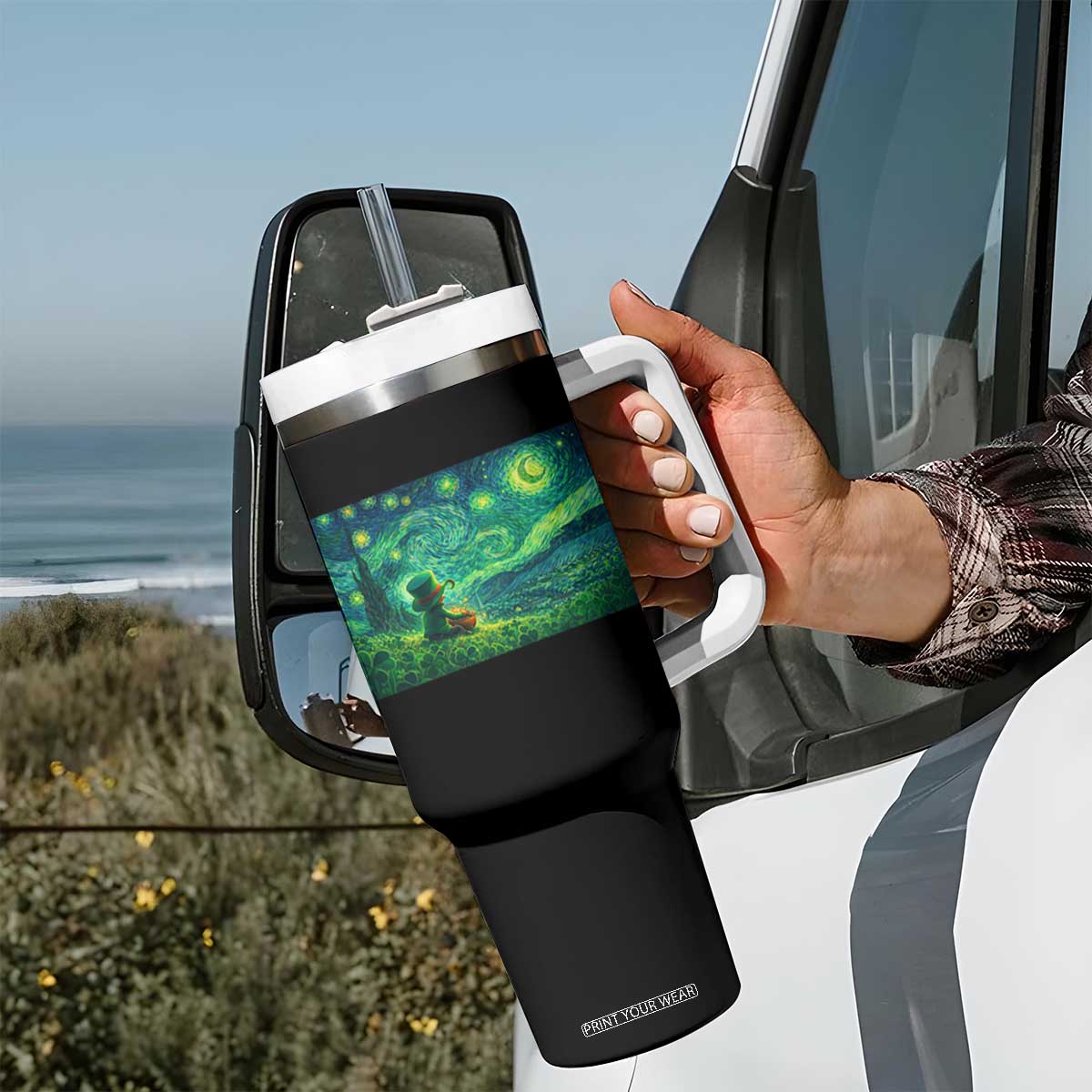 St Patricks Day Starry Night Leprechaun Shamrock Van Gogh Tumbler With Handle TS14 Print Your Wear