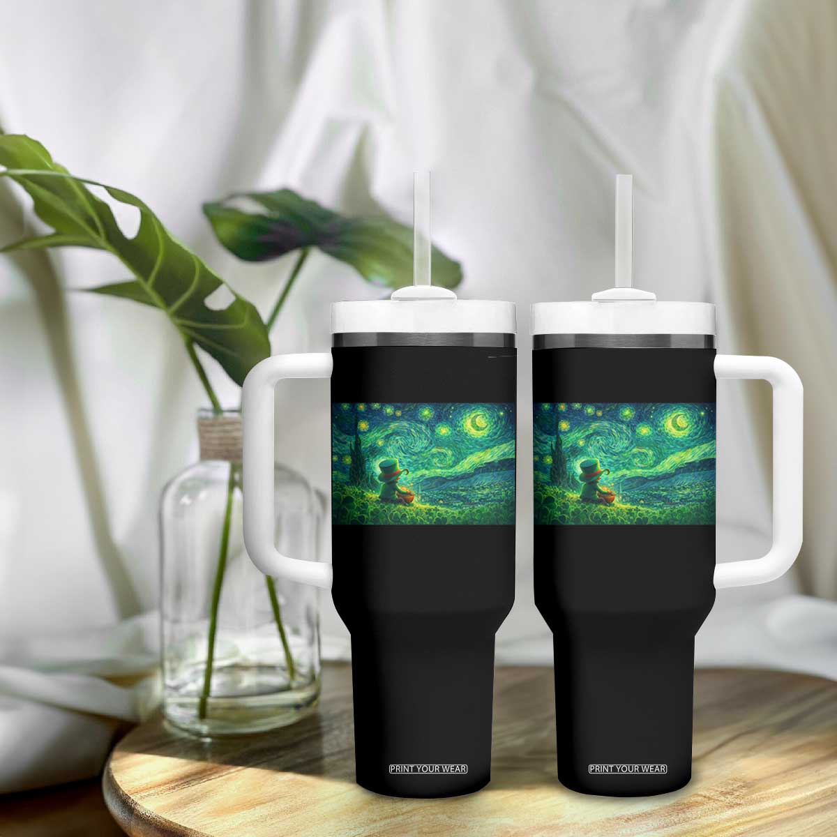 St Patricks Day Starry Night Leprechaun Shamrock Van Gogh Tumbler With Handle TS14 Print Your Wear