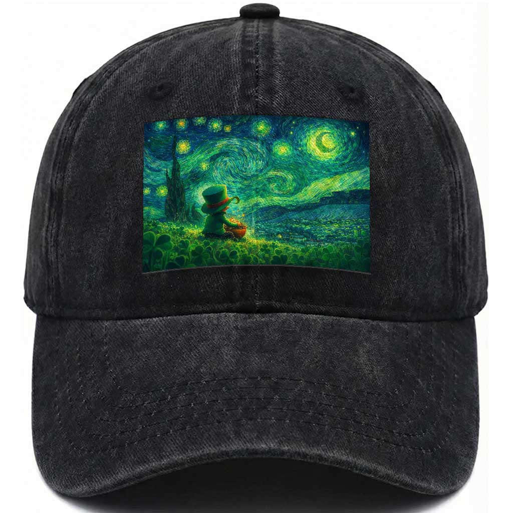 St Patricks Day Starry Night Leprechaun Shamrock Van Gogh Washed Cotton Baseball Cap TS14 Washed Cap Universal Fit Black Print Your Wear