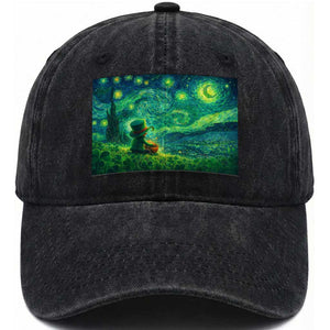 St Patricks Day Starry Night Leprechaun Shamrock Van Gogh Washed Cotton Baseball Cap TS14 Washed Cap Universal Fit Black Print Your Wear