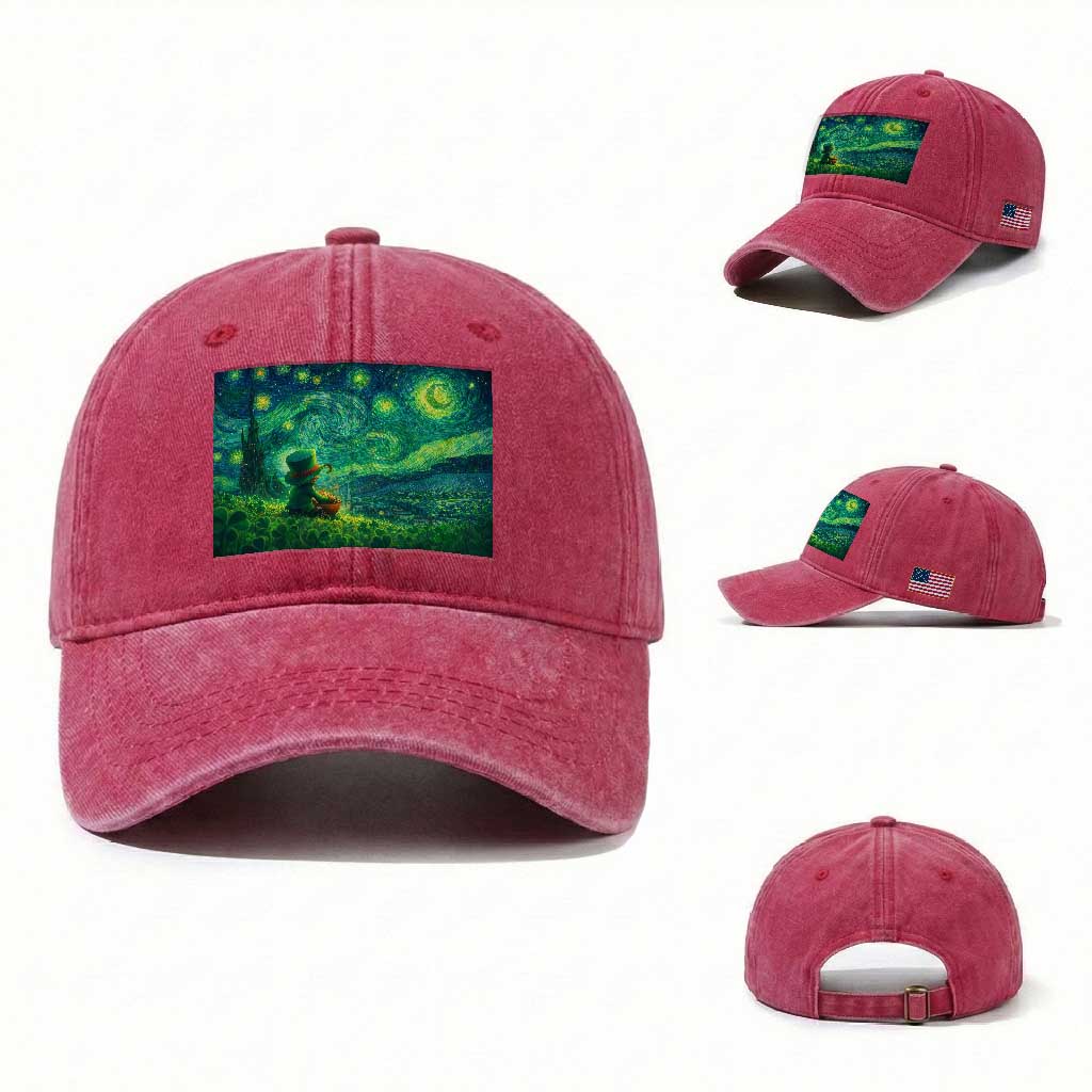 St Patricks Day Starry Night Leprechaun Shamrock Van Gogh Washed Cotton Baseball Cap TS14 Washed Cap Universal Fit Red Print Your Wear