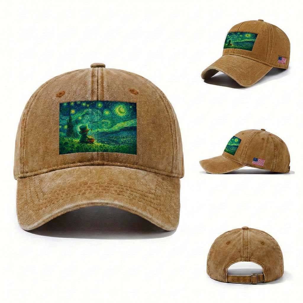 St Patricks Day Starry Night Leprechaun Shamrock Van Gogh Washed Cotton Baseball Cap TS14 Washed Cap Universal Fit Yellow Ochre Print Your Wear