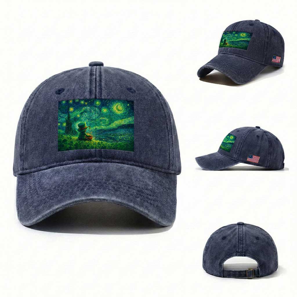 St Patricks Day Starry Night Leprechaun Shamrock Van Gogh Washed Cotton Baseball Cap TS14 Washed Cap Universal Fit Navy Print Your Wear
