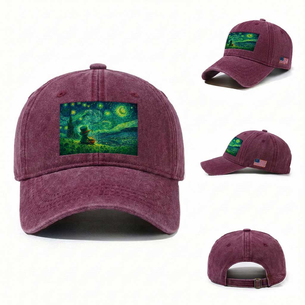 St Patricks Day Starry Night Leprechaun Shamrock Van Gogh Washed Cotton Baseball Cap TS14 Washed Cap Universal Fit Burgundy Print Your Wear