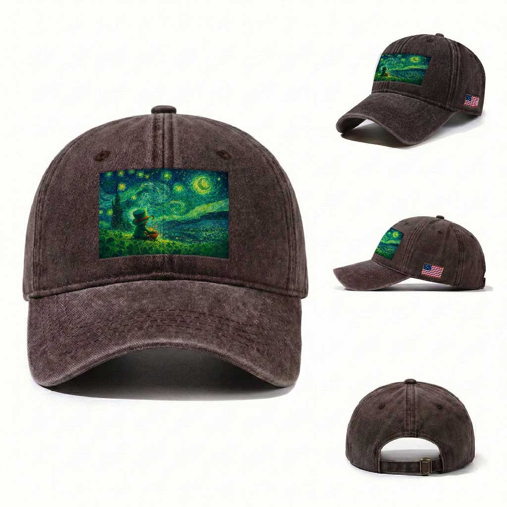St Patricks Day Starry Night Leprechaun Shamrock Van Gogh Washed Cotton Baseball Cap TS14 Washed Cap Universal Fit Dark Brown Print Your Wear