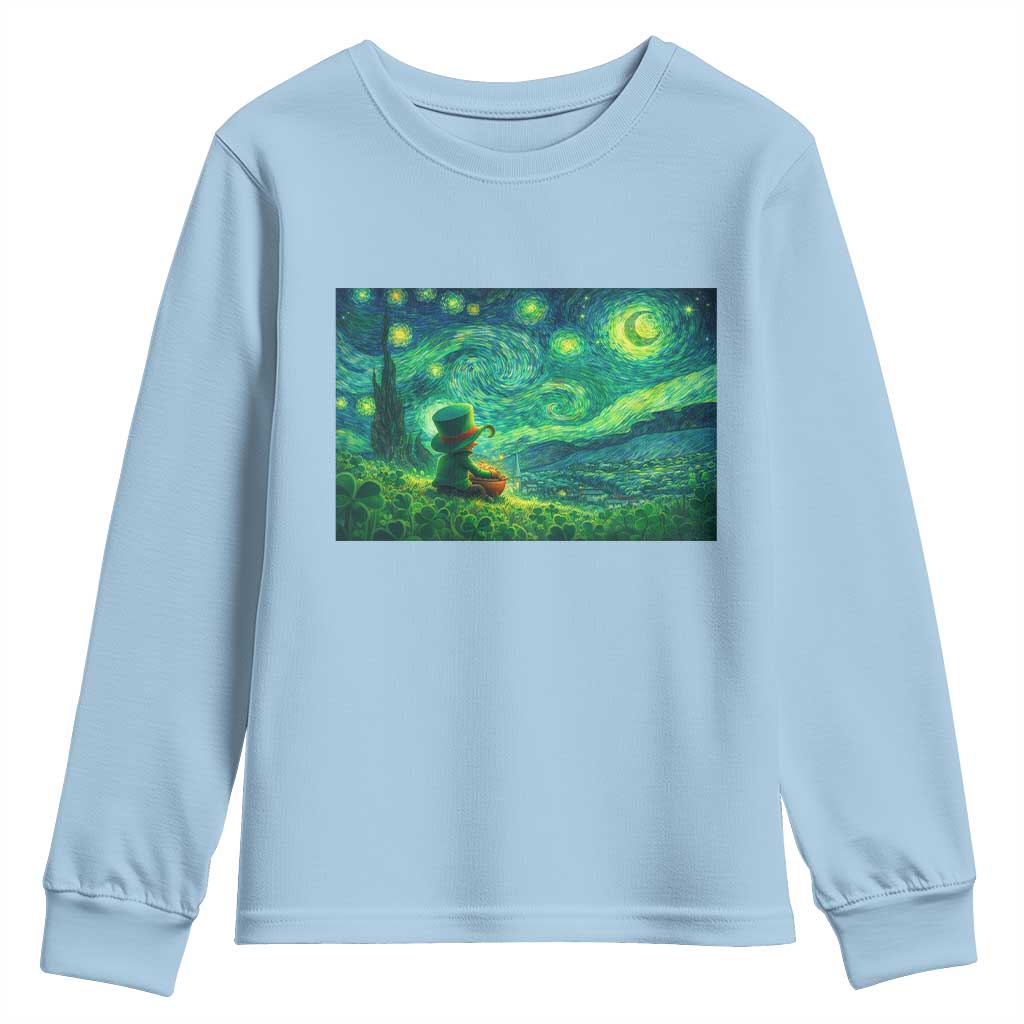 St Patricks Day Starry Night Leprechaun Shamrock Van Gogh Youth Sweatshirt TS14 Light Blue Print Your Wear