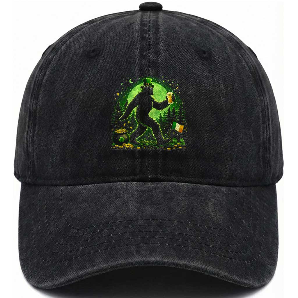 Funny Bigfoot St Patricks Day Washed Cotton Baseball Cap Sasquatch Drinking Green Beer Lover TS14 Washed Cap Universal Fit Black Print Your Wear