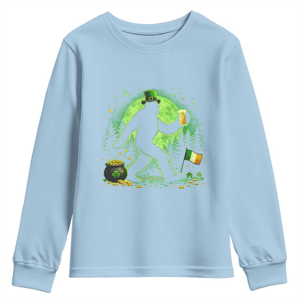 Funny Bigfoot St Patricks Day Youth Sweatshirt Sasquatch Drinking Green Beer Lover TS14 Light Blue Print Your Wear
