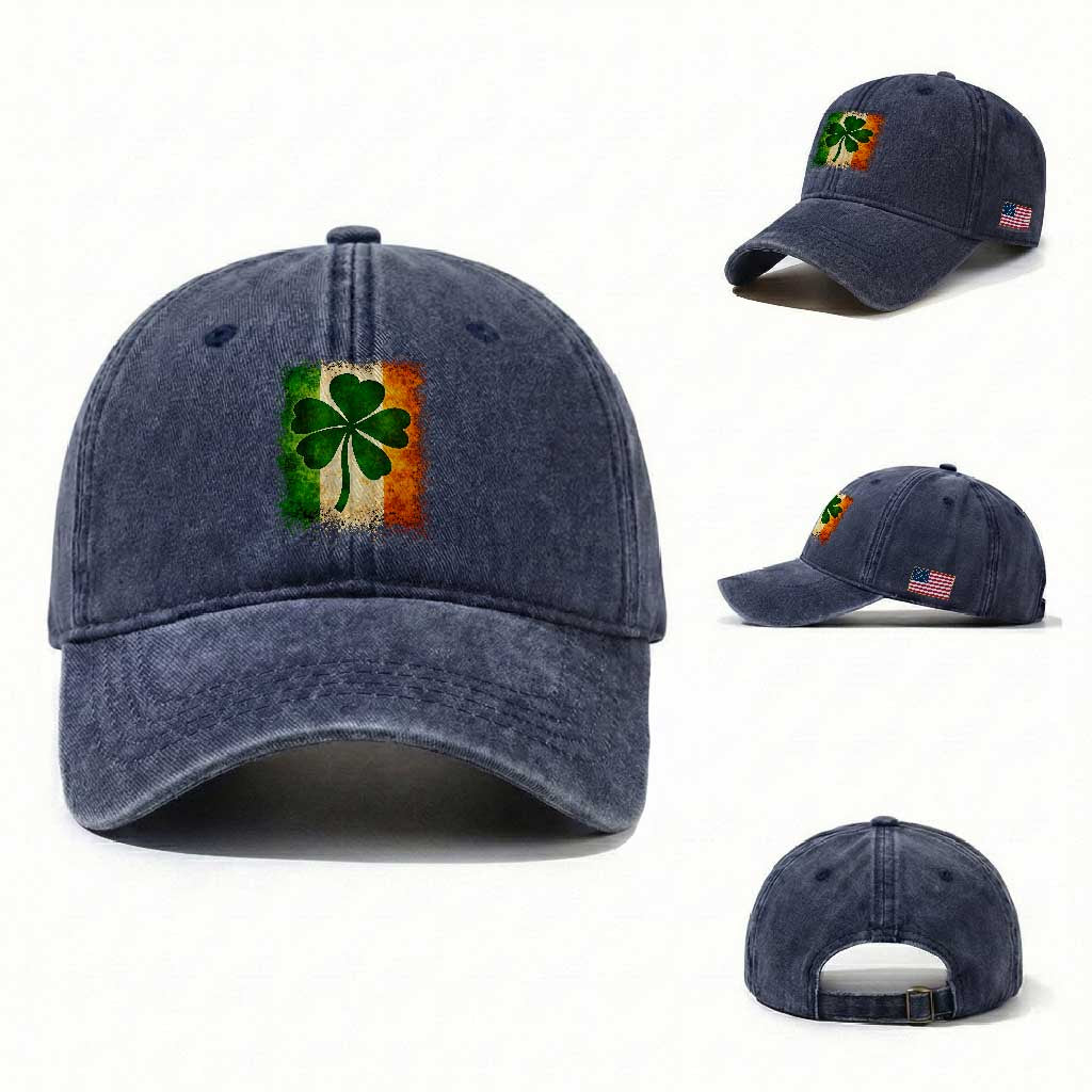 Retro Ireland Shamrock Irish Flag St Patricks Day Washed Cotton Baseball Cap TS14 Washed Cap Universal Fit Navy Print Your Wear