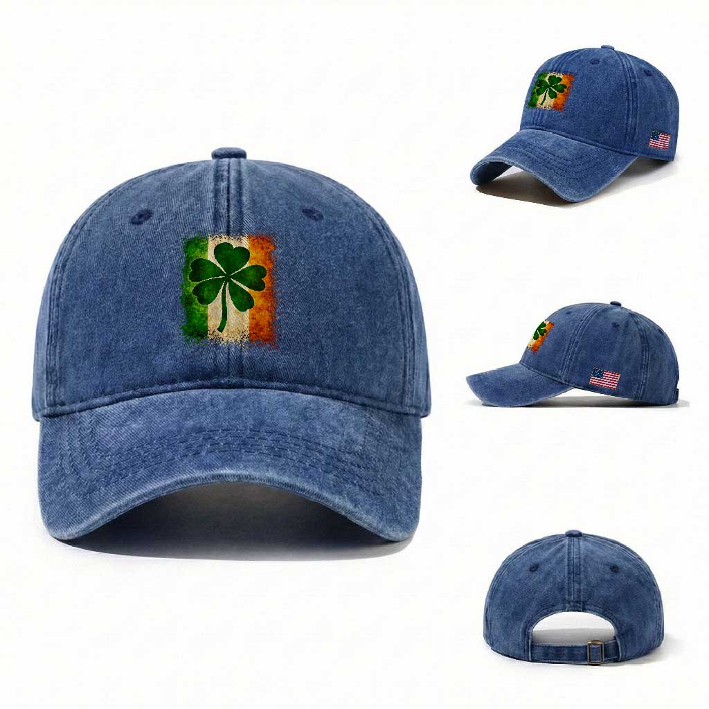 Retro Ireland Shamrock Irish Flag St Patricks Day Washed Cotton Baseball Cap TS14 Washed Cap Universal Fit Royal Blue Print Your Wear