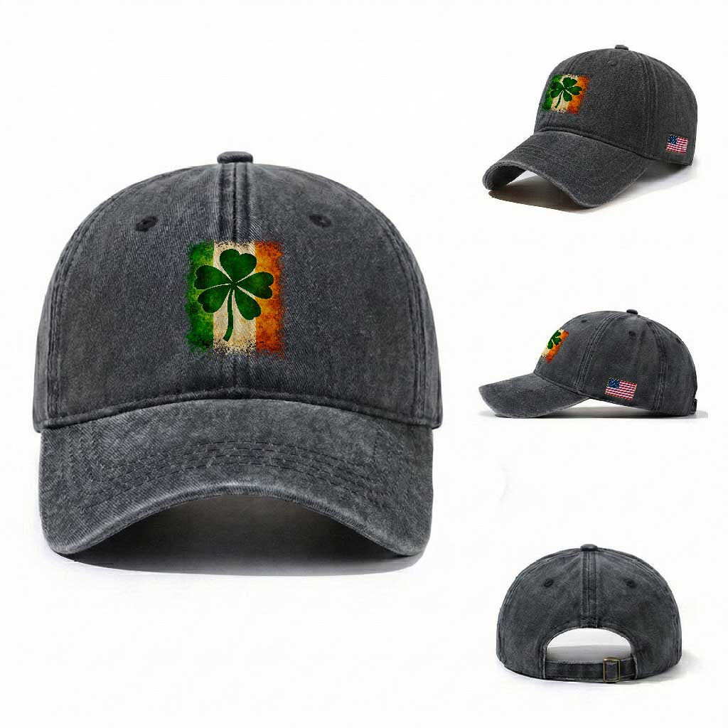Retro Ireland Shamrock Irish Flag St Patricks Day Washed Cotton Baseball Cap TS14 Washed Cap Universal Fit Dark Gray Print Your Wear