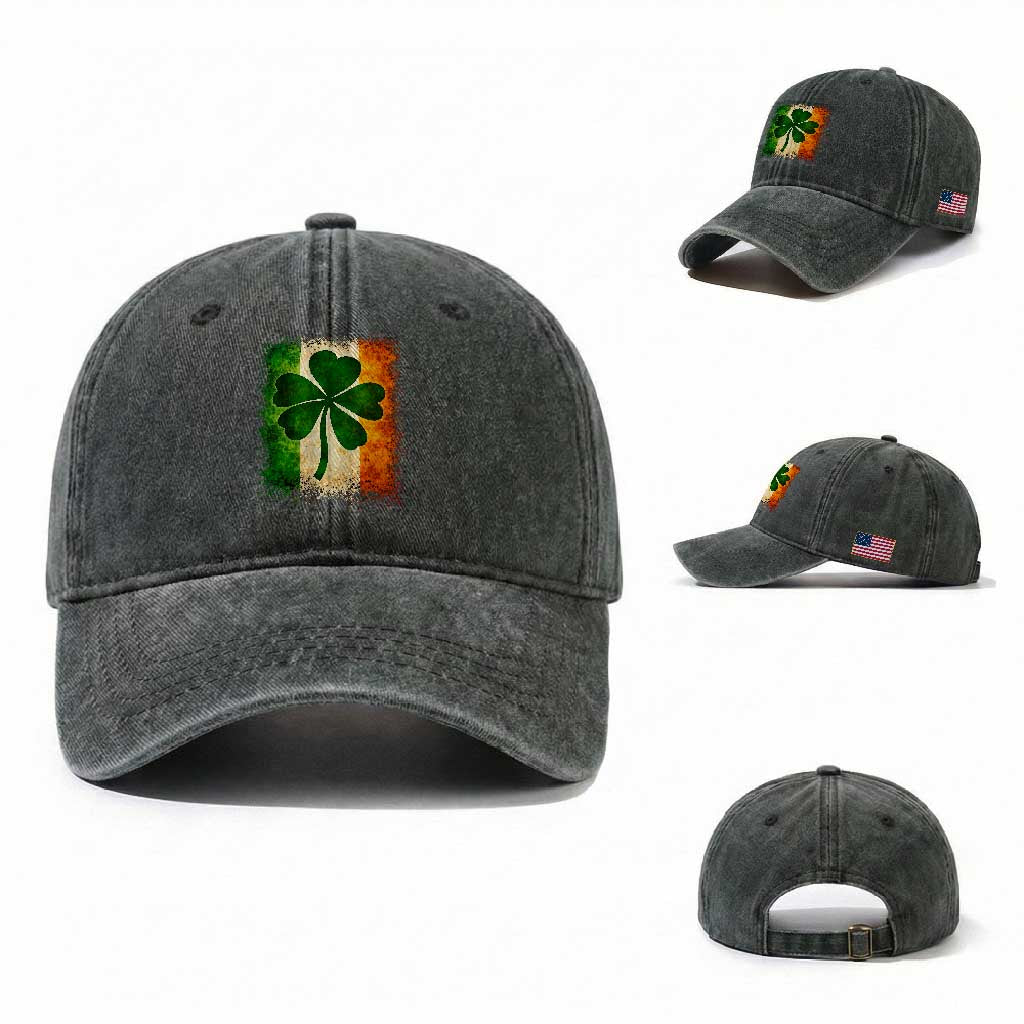Retro Ireland Shamrock Irish Flag St Patricks Day Washed Cotton Baseball Cap TS14 Washed Cap Universal Fit Dark Green Print Your Wear