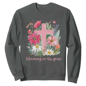 Blooming in His Grace Sweatshirt Boho Wildflower Christian Faith Bible Verse TS14 Dark Heather Print Your Wear