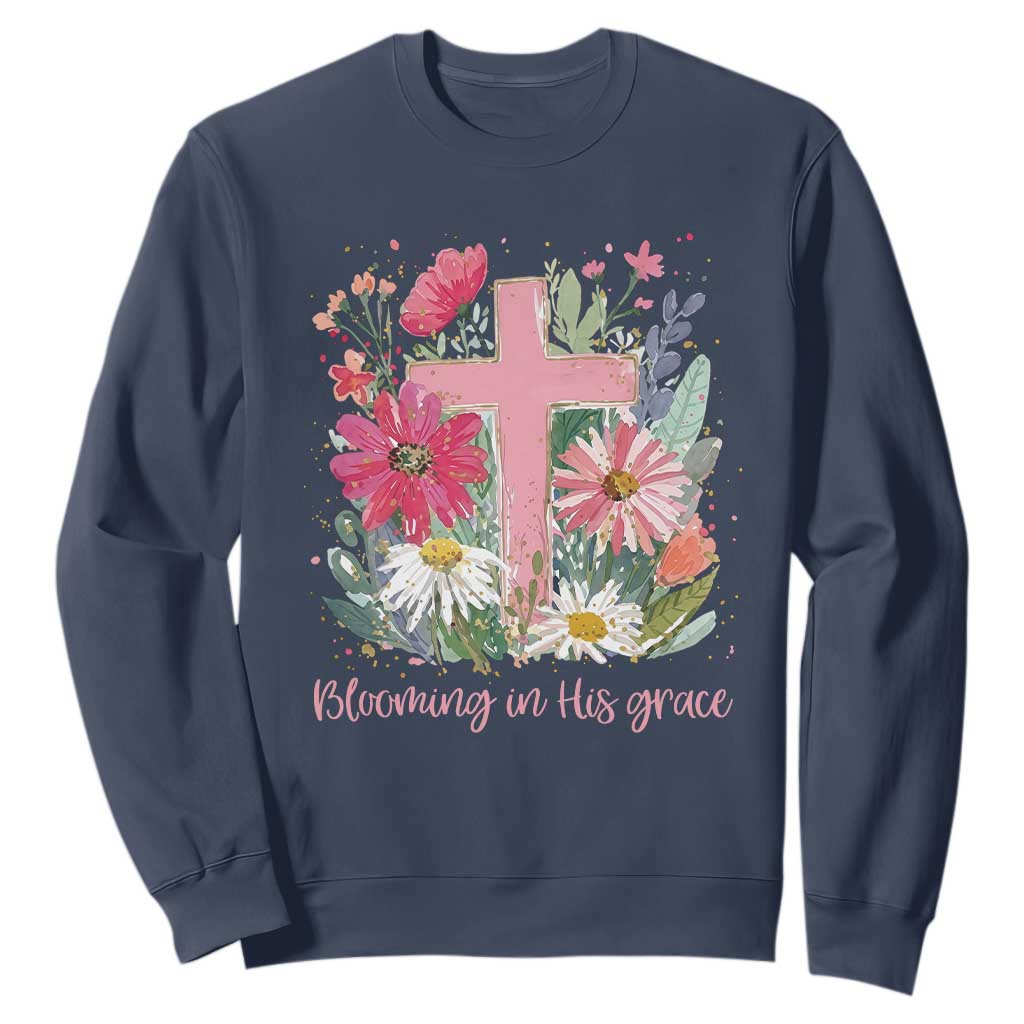 Blooming in His Grace Sweatshirt Boho Wildflower Christian Faith Bible Verse TS14 Navy Print Your Wear