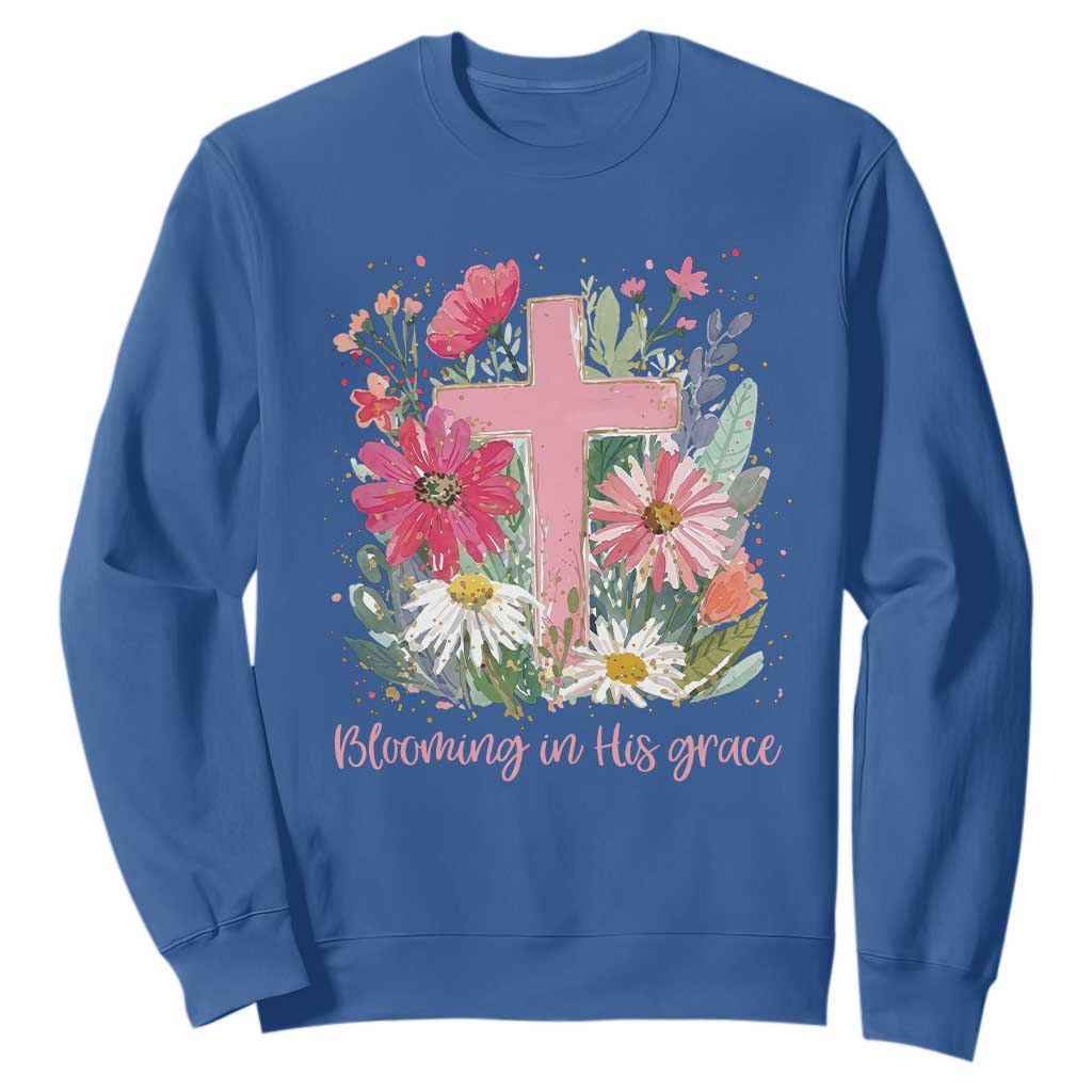 Blooming in His Grace Sweatshirt Boho Wildflower Christian Faith Bible Verse TS14 Royal Blue Print Your Wear