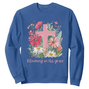 Blooming in His Grace Sweatshirt Boho Wildflower Christian Faith Bible Verse TS14 Royal Blue Print Your Wear