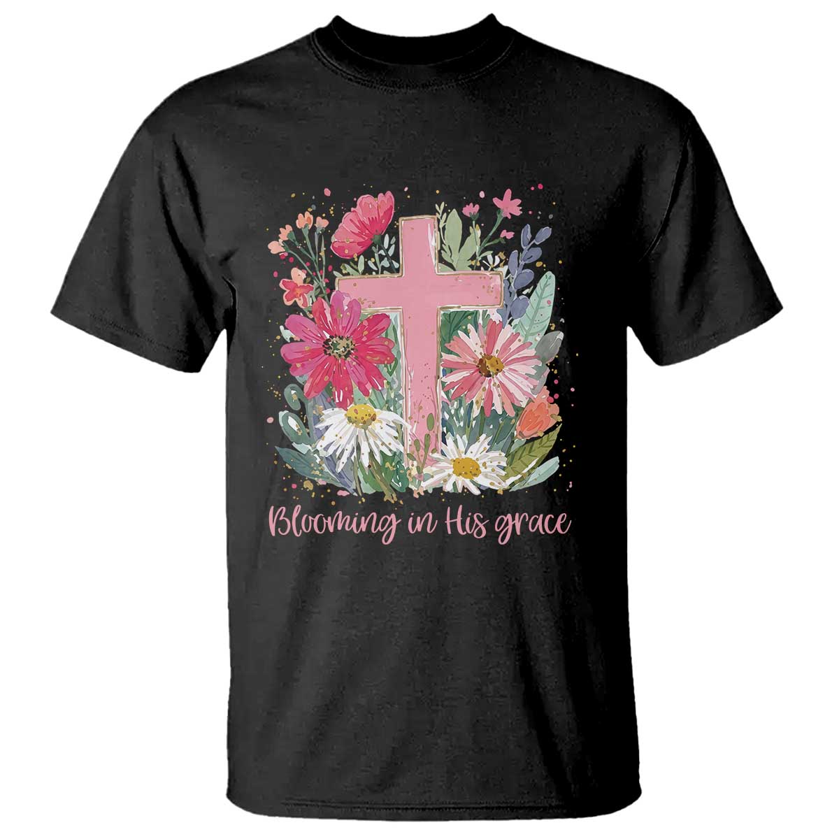 Blooming in His Grace T Shirt Boho Wildflower Christian Faith Bible Verse TS14 Black Print Your Wear