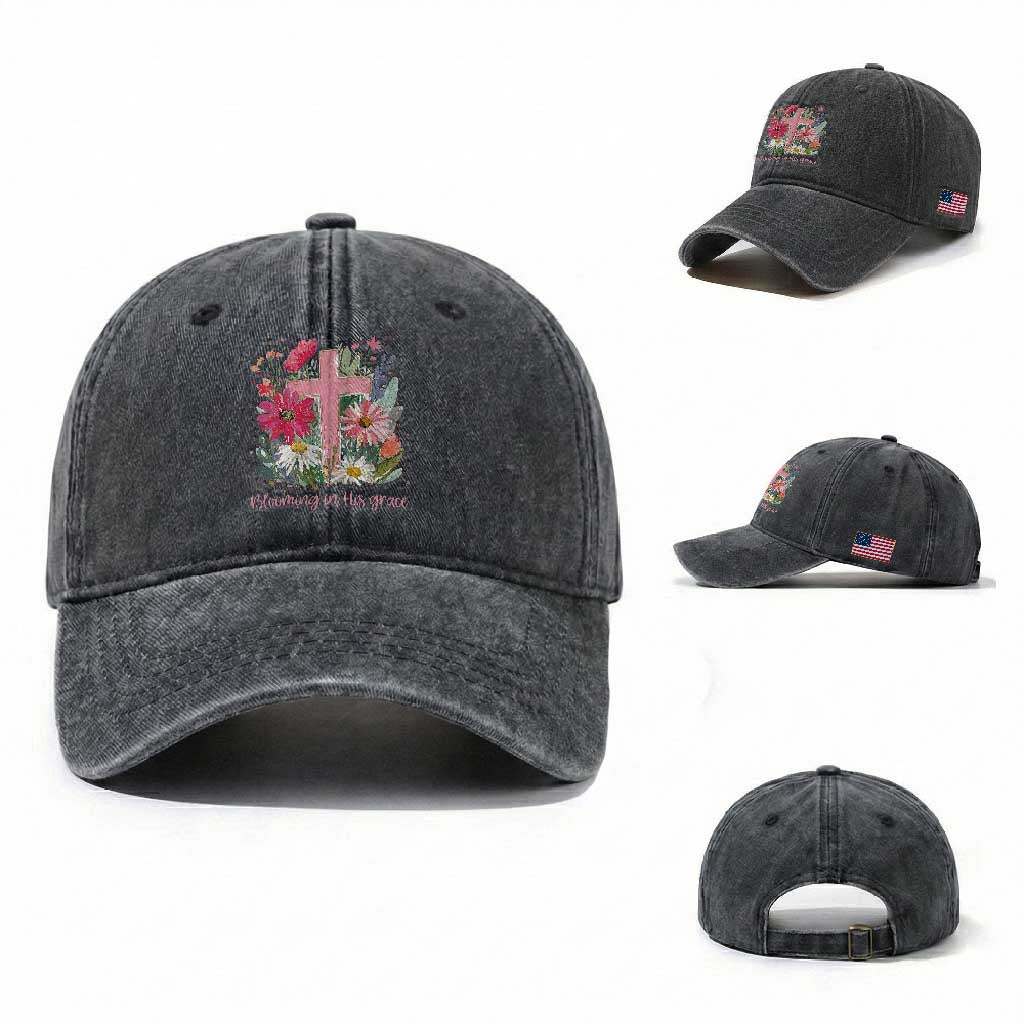 Blooming in His Grace Washed Cotton Baseball Cap Boho Wildflower Christian Faith Bible Verse TS14 Washed Cap Universal Fit Dark Gray Print Your Wear