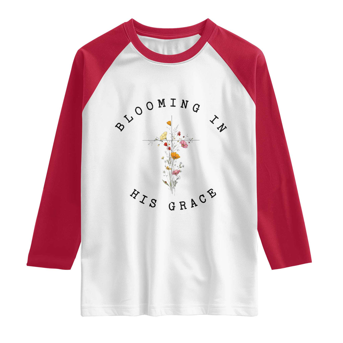 Blooming in His Grace Raglan Shirt Boho Wildflower Christian Faith TS14 White Red Print Your Wear