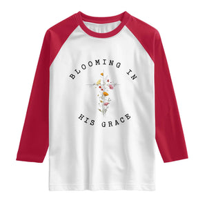 Blooming in His Grace Raglan Shirt Boho Wildflower Christian Faith TS14 White Red Print Your Wear