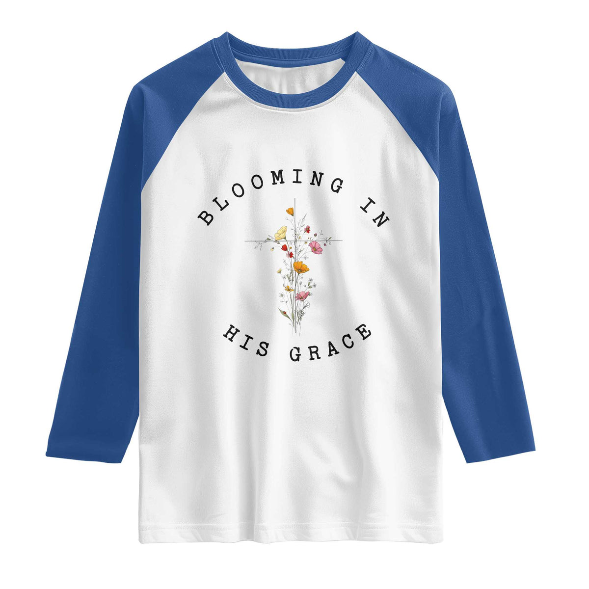 Blooming in His Grace Raglan Shirt Boho Wildflower Christian Faith TS14 White Royal Print Your Wear