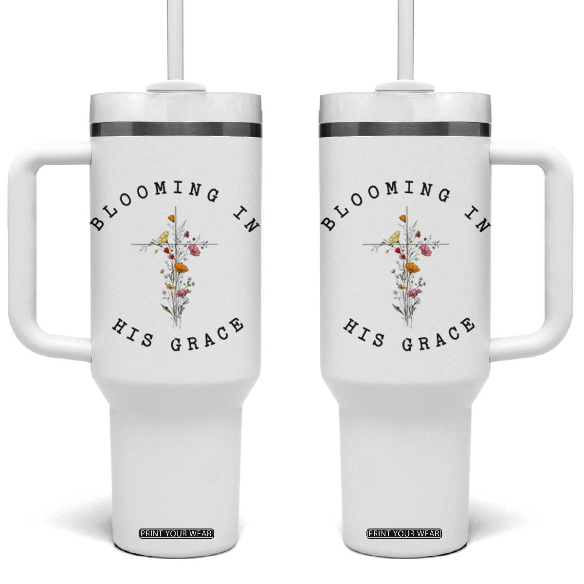 Blooming in His Grace Tumbler With Handle Boho Wildflower Christian Faith TS14 One Size: 40 oz White Print Your Wear