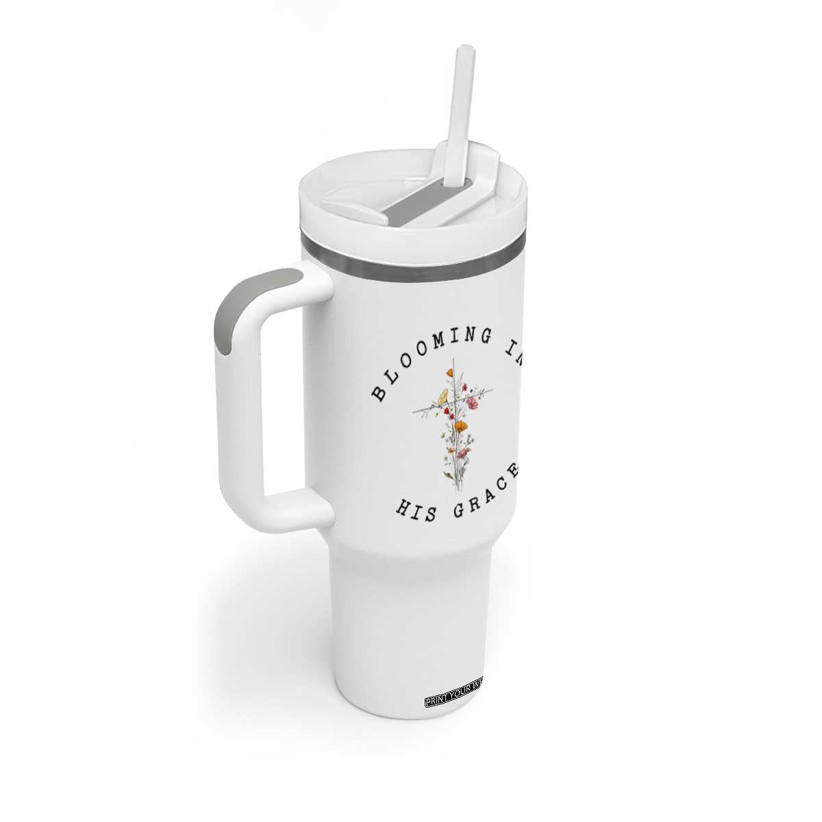 Blooming in His Grace Tumbler With Handle Boho Wildflower Christian Faith TS14 Print Your Wear