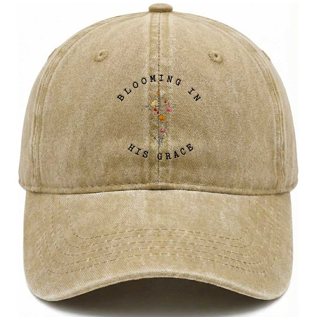 Blooming in His Grace Washed Cotton Baseball Cap Boho Wildflower Christian Faith TS14 Print Your Wear