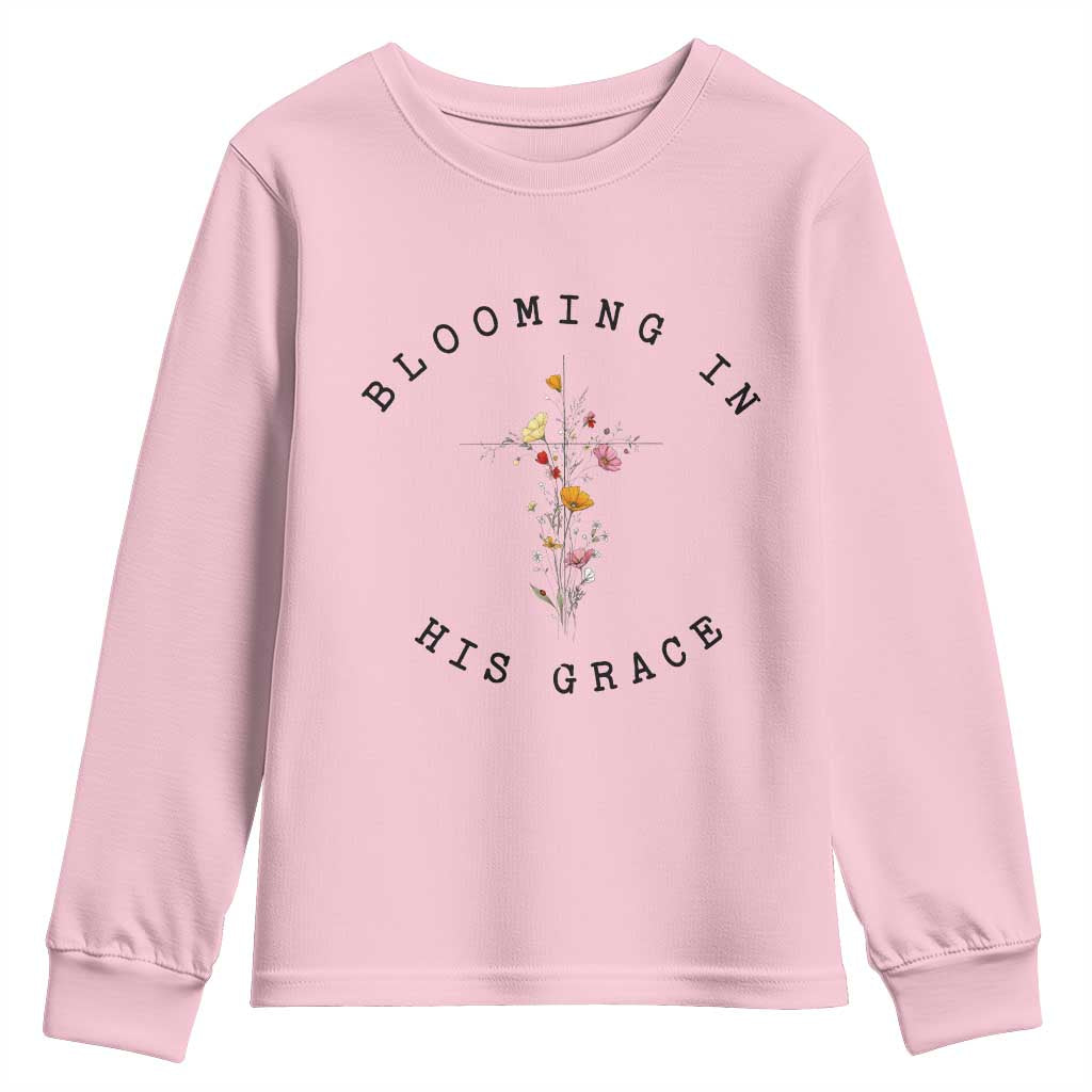 Blooming in His Grace Youth Sweatshirt Boho Wildflower Christian Faith TS14 Light Pink Print Your Wear