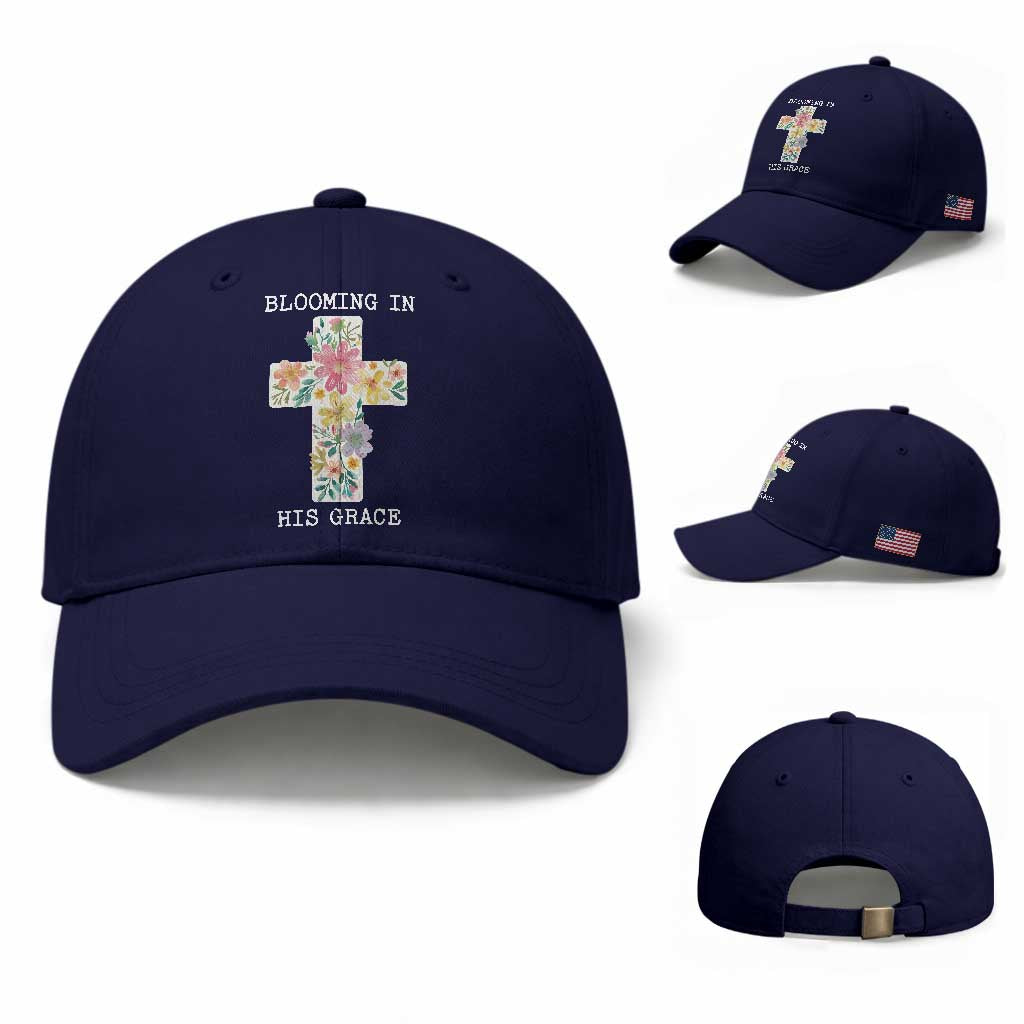 Blooming in His Grace Boho Christian Wildflower Baseball Cap Floral Cross Religious TS14 Baseball Cap Universal Fit Dark Blue Print Your Wear