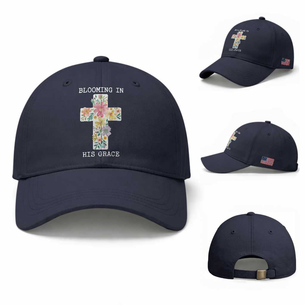 Blooming in His Grace Boho Christian Wildflower Baseball Cap Floral Cross Religious TS14 Baseball Cap Universal Fit Navy Print Your Wear