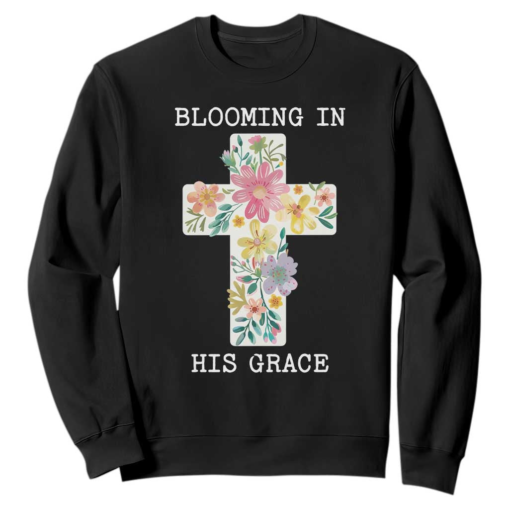 Blooming in His Grace Boho Christian Wildflower Sweatshirt Floral Cross Religious TS14 Black Print Your Wear