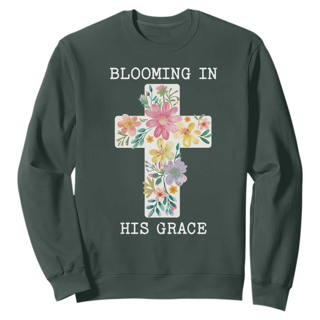 Blooming in His Grace Boho Christian Wildflower Sweatshirt Floral Cross Religious TS14 Dark Forest Green Print Your Wear