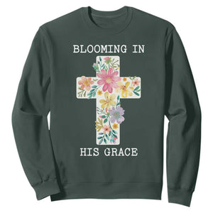 Blooming in His Grace Boho Christian Wildflower Sweatshirt Floral Cross Religious TS14 Dark Forest Green Print Your Wear
