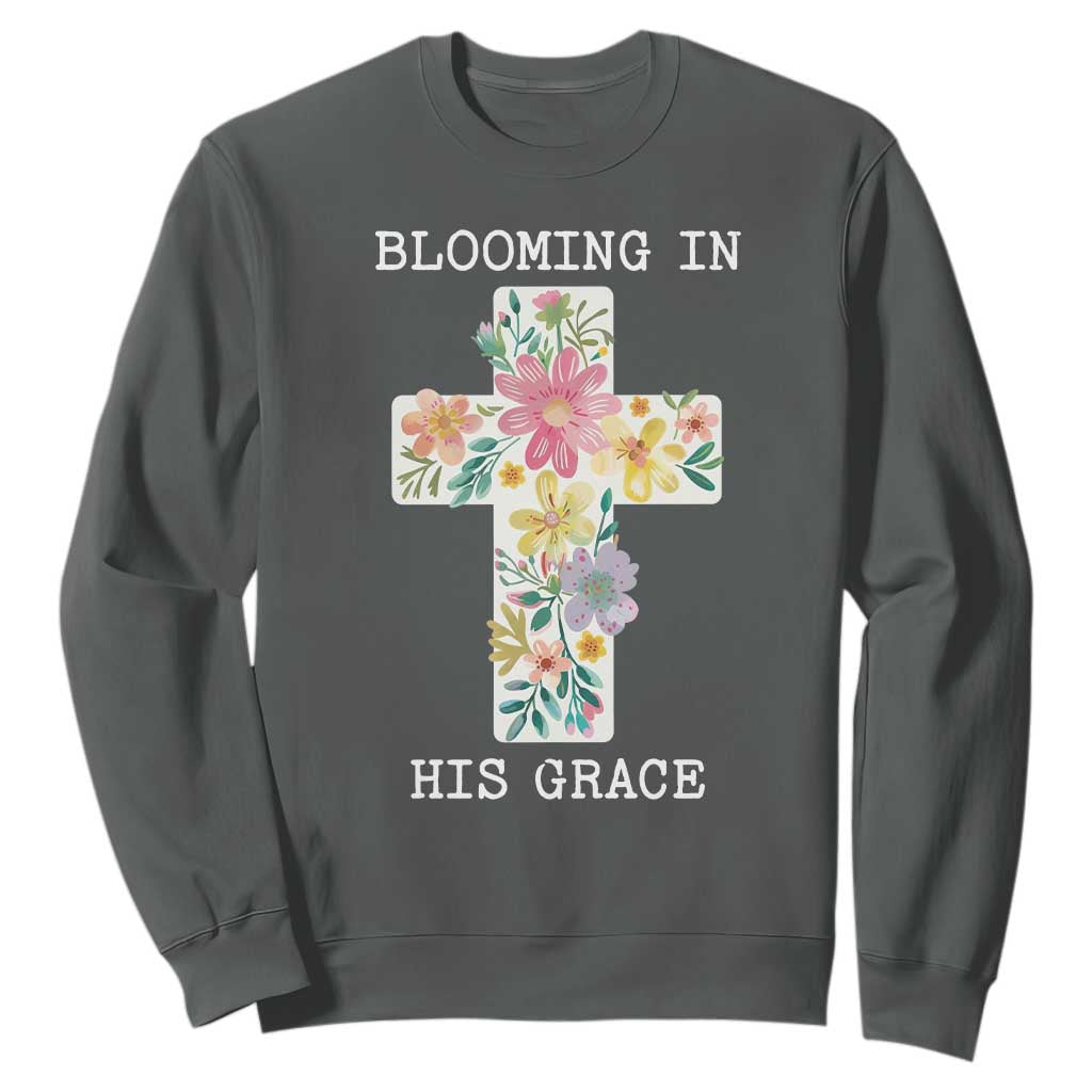 Blooming in His Grace Boho Christian Wildflower Sweatshirt Floral Cross Religious TS14 Dark Heather Print Your Wear