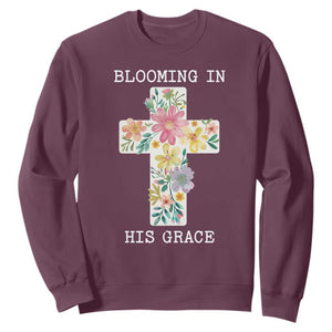 Blooming in His Grace Boho Christian Wildflower Sweatshirt Floral Cross Religious TS14 Maroon Print Your Wear