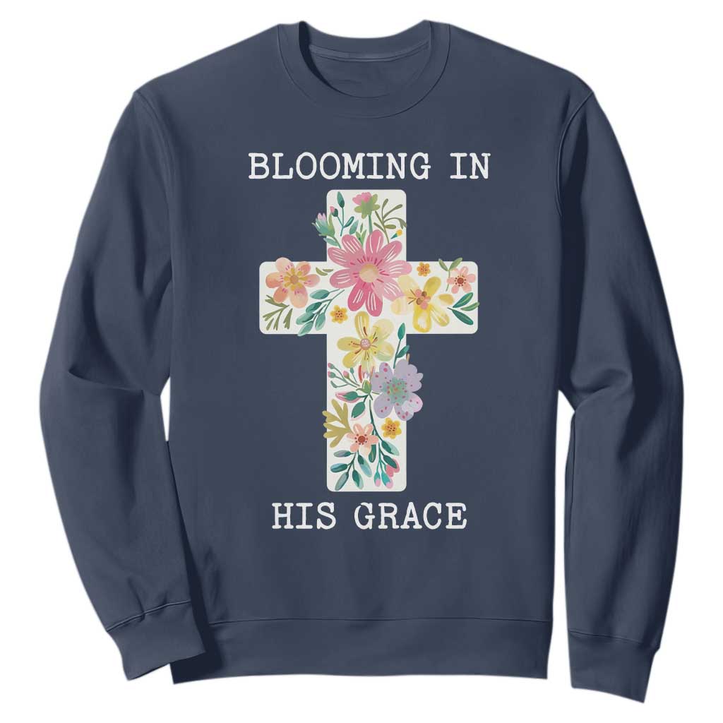 Blooming in His Grace Boho Christian Wildflower Sweatshirt Floral Cross Religious TS14 Navy Print Your Wear