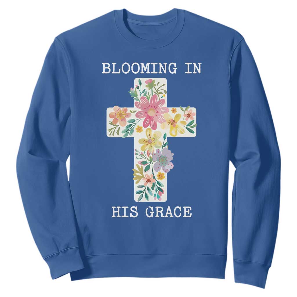 Blooming in His Grace Boho Christian Wildflower Sweatshirt Floral Cross Religious TS14 Royal Blue Print Your Wear