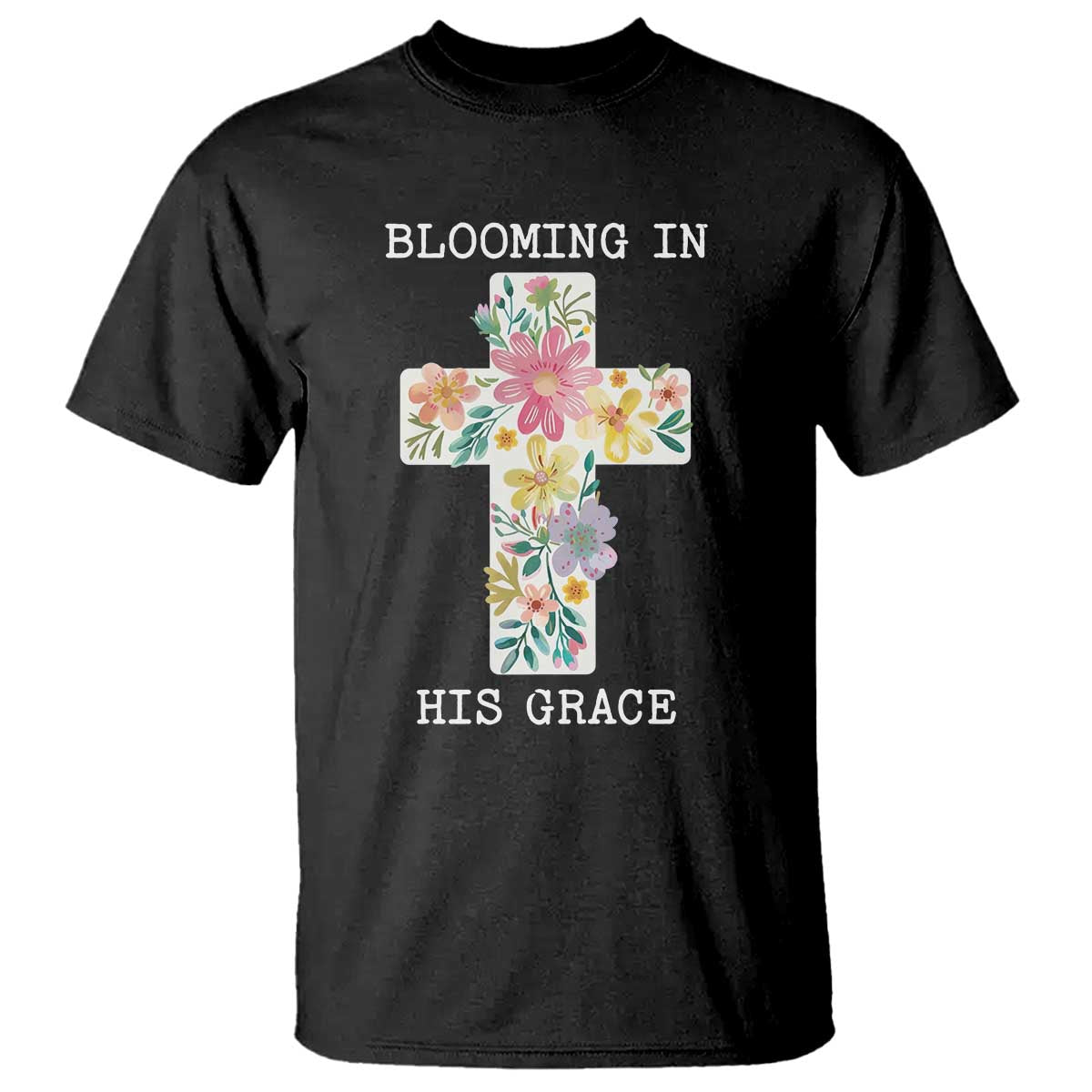 Blooming in His Grace Boho Christian Wildflower T Shirt Floral Cross Religious TS14 Black Print Your Wear