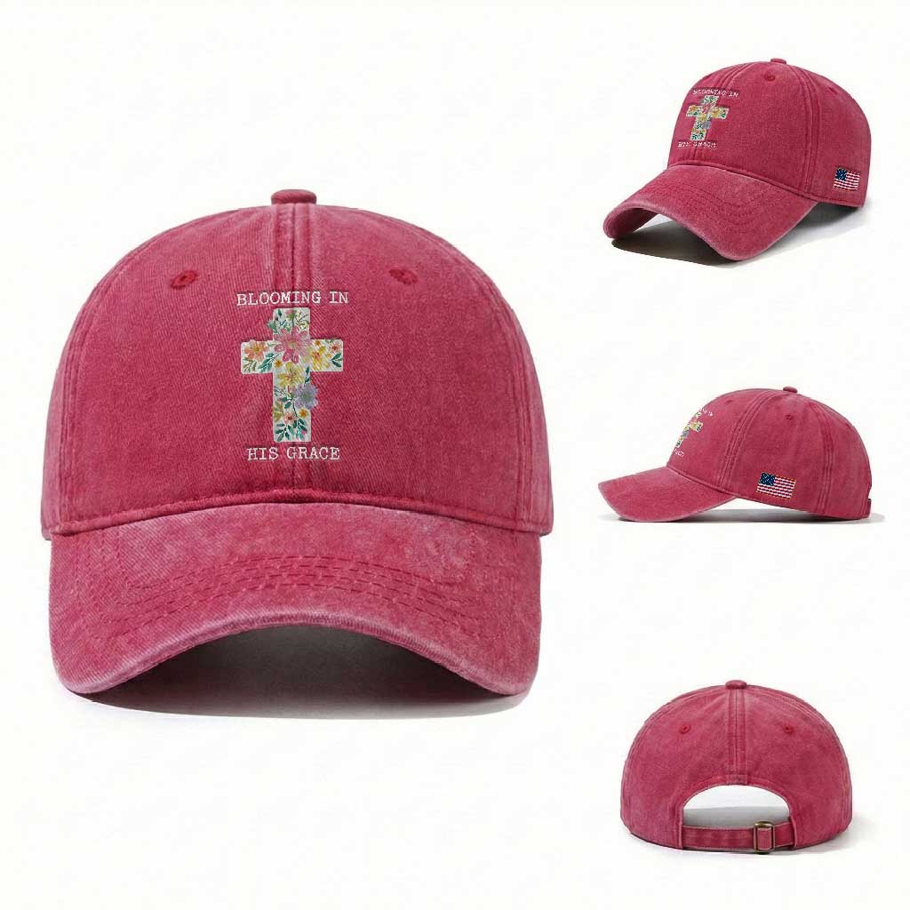 Blooming in His Grace Boho Christian Wildflower Washed Cotton Baseball Cap Floral Cross Religious TS14 Washed Cap Universal Fit Red Print Your Wear