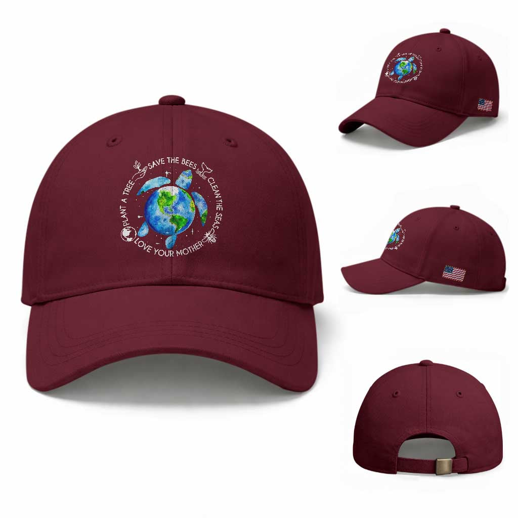 Earth Day Sea Turtle Baseball Cap Save Bees Plant Trees Clean Seas Environmentalist TS14 Baseball Cap Universal Fit Maroon Print Your Wear