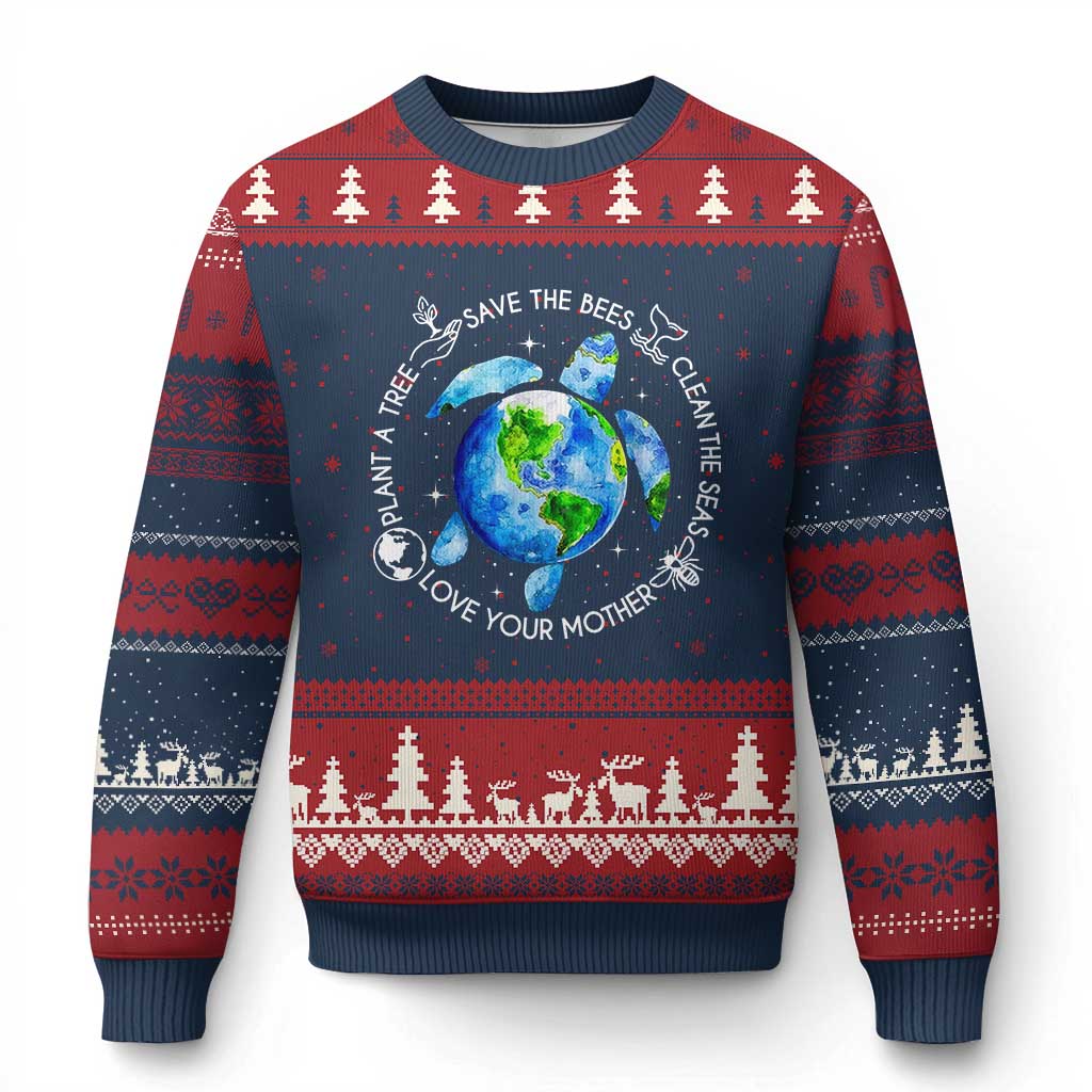 Earth Day Sea Turtle Ugly Christmas Sweater Save Bees Plant Trees Clean Seas Environmentalist TS14 Navy Red Print Your Wear