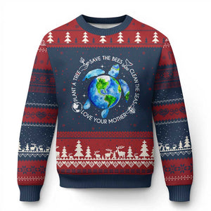 Earth Day Sea Turtle Ugly Christmas Sweater Save Bees Plant Trees Clean Seas Environmentalist TS14 Navy Red Print Your Wear