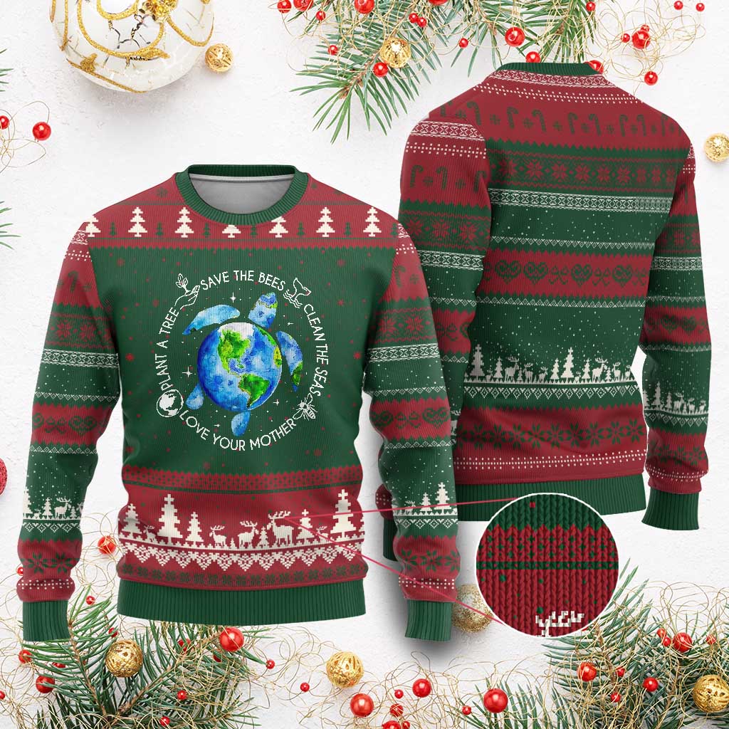 Earth Day Sea Turtle Ugly Christmas Sweater Save Bees Plant Trees Clean Seas Environmentalist TS14 Red Green Print Your Wear