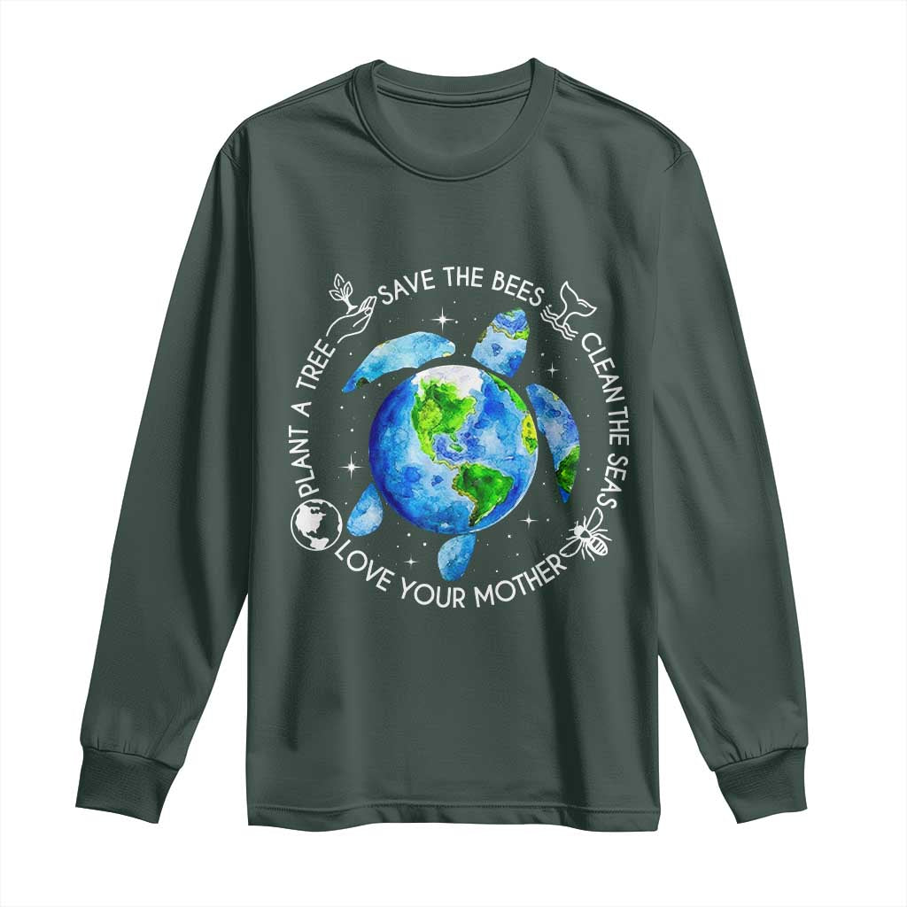 Earth Day Sea Turtle Long Sleeve Shirt Save Bees Plant Trees Clean Seas Environmentalist TS14 Dark Forest Green Print Your Wear