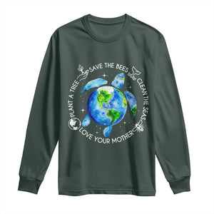 Earth Day Sea Turtle Long Sleeve Shirt Save Bees Plant Trees Clean Seas Environmentalist TS14 Dark Forest Green Print Your Wear