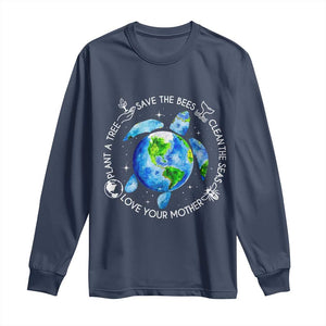 Earth Day Sea Turtle Long Sleeve Shirt Save Bees Plant Trees Clean Seas Environmentalist TS14 Navy Print Your Wear