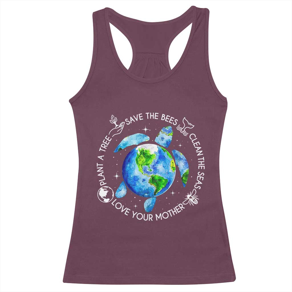 Earth Day Sea Turtle Racerback Tank Top Save Bees Plant Trees Clean Seas Environmentalist TS14 Maroon Print Your Wear